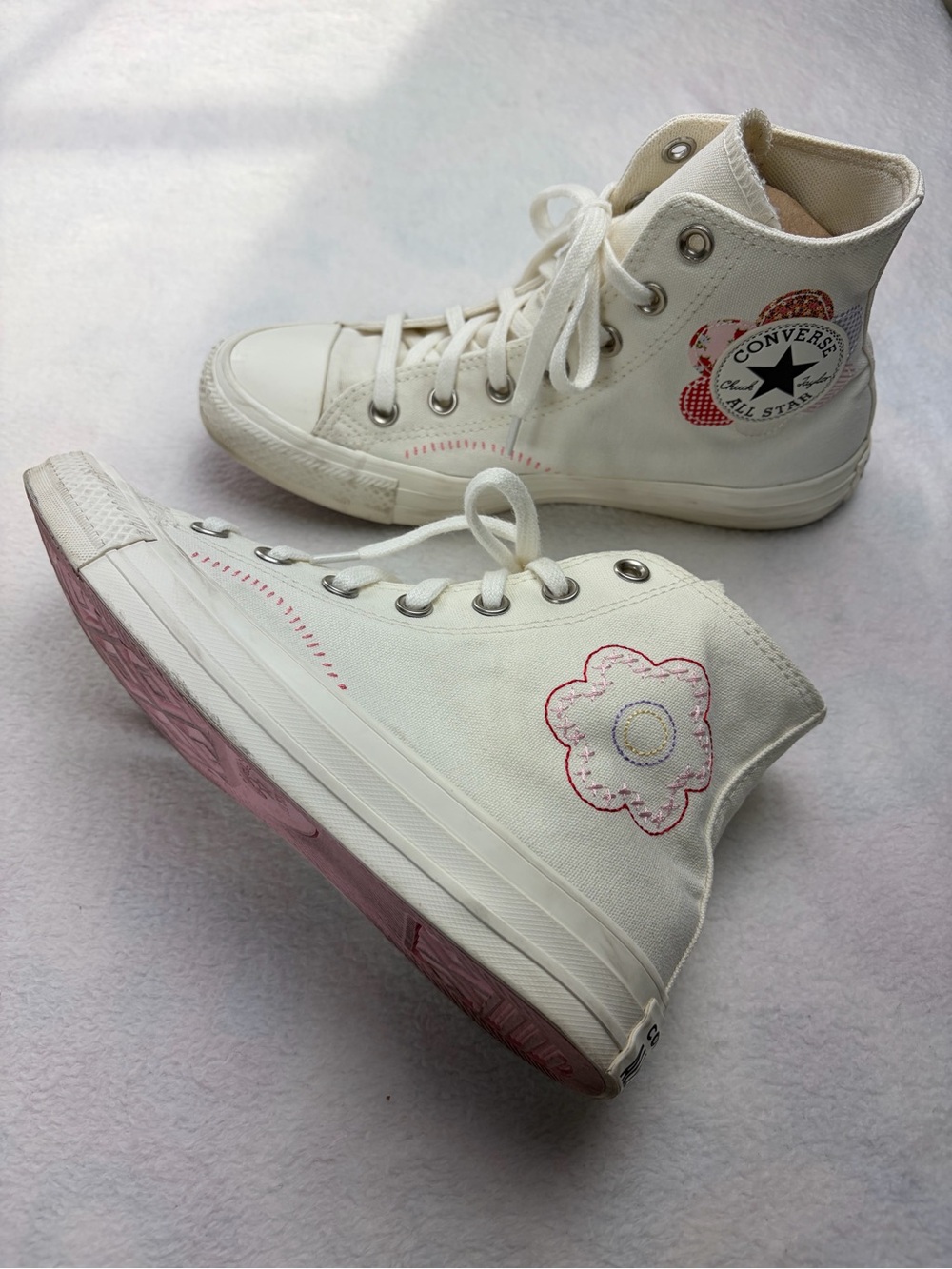 Converse Chuck Taylor All Star High Top DIY Floral Sneakers White Pink Size 8